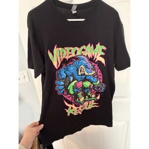 Video Game Rescue Neon Monster Shark T Shirt Mens M Black Retro 90s
